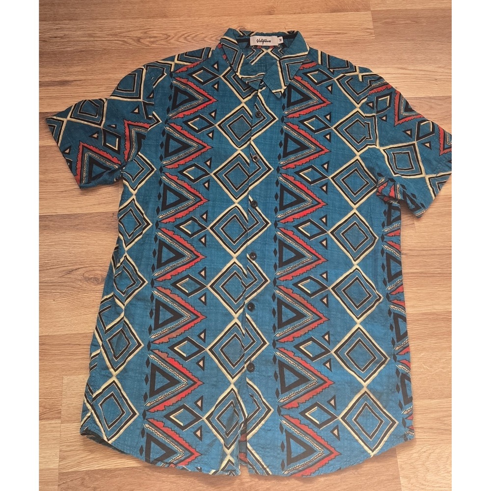 Vatpave Button Up Shirt  Men's Medium  Geometric Diamond Design blue,red,yellow